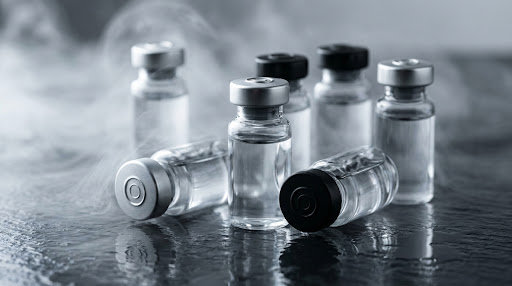Research peptide vials in dry-ice fog on an obsidian surface, dramatic lighting.